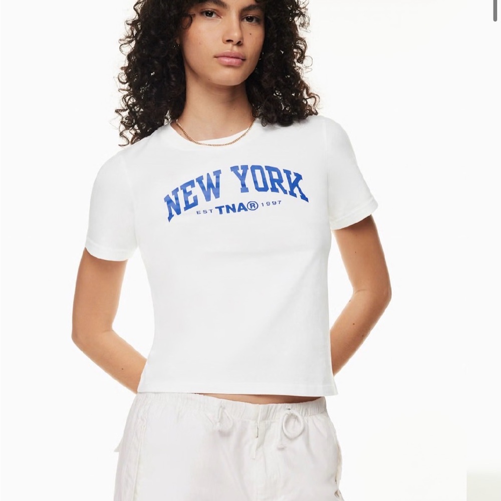 TNA/ARITZIA White Tee with Blue New York Graphic